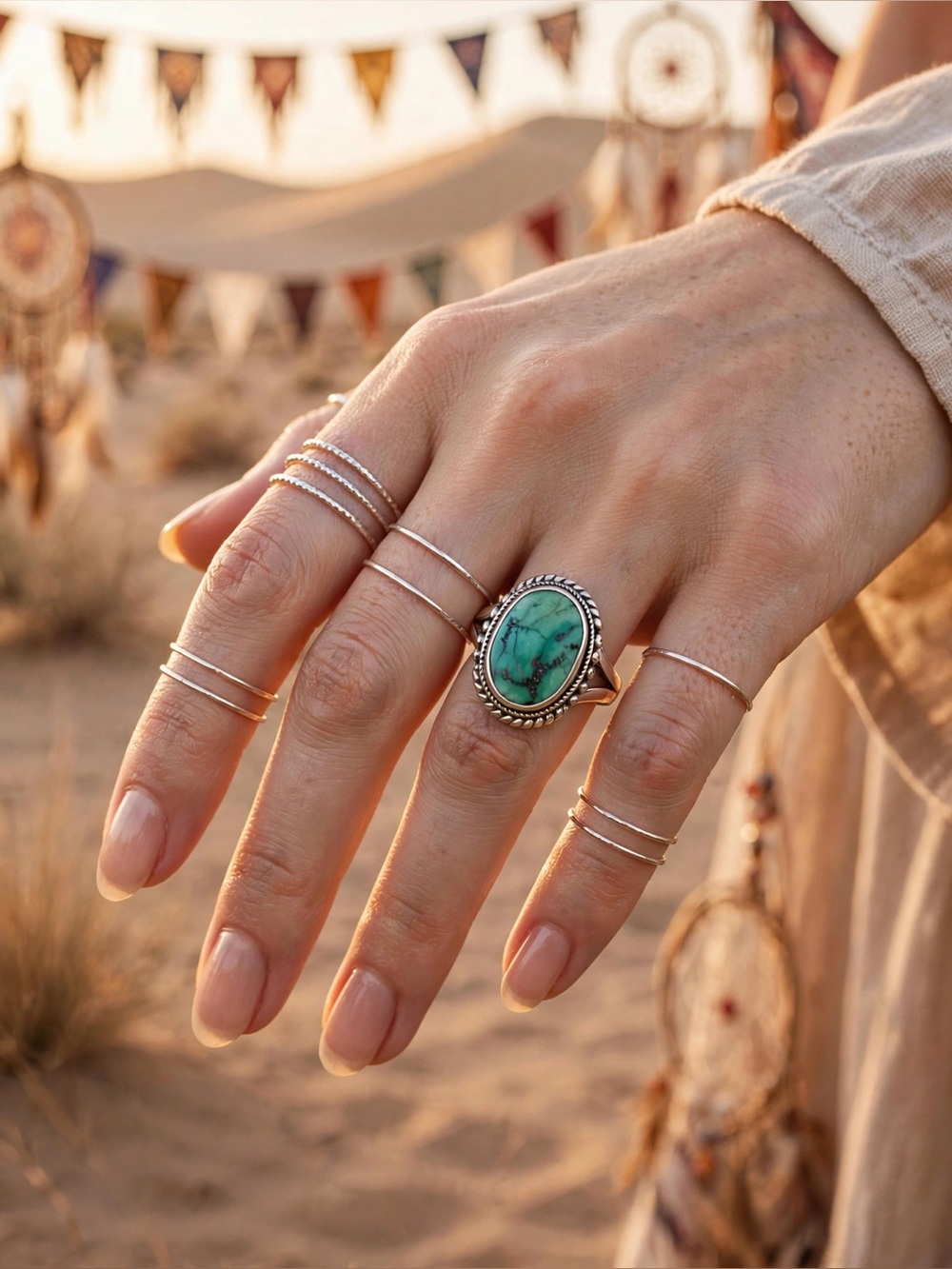 Vintage 925 Sterling Silver Oval Turquoise Ring Boho Southwest Beaded Rope Bezel